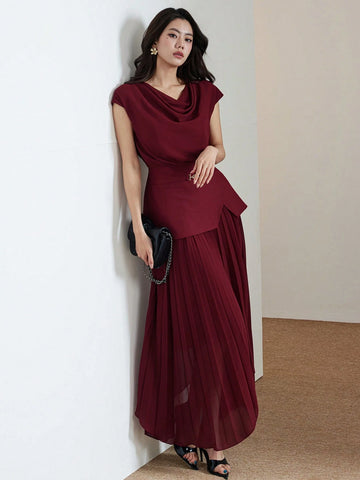 Women's Elegant Solid Color Draped Neck Pleated Hem Belted Long Dress