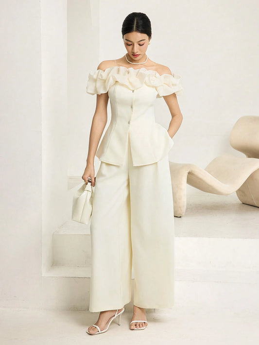 Fashionable & Elegant Asymmetric-Shoulder Top & Pants