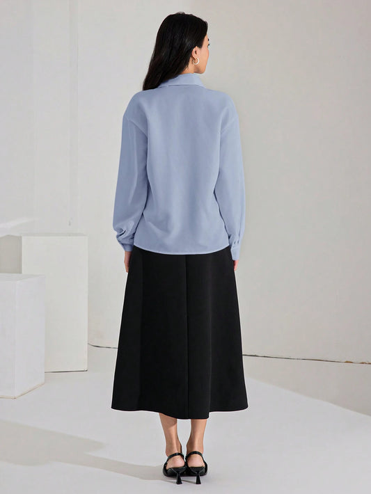 Women's Long Sleeve Front Button Casual Shirt With Rhinestone Decor Elegant Shirts