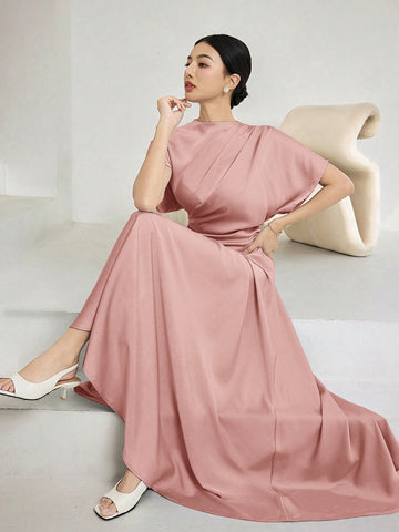 Women Elegant Solid Batwing Sleeve Maxi Dress