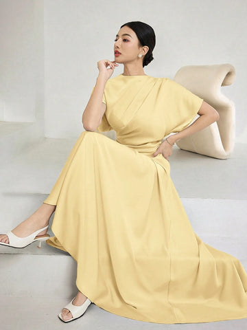 Women Elegant Solid Batwing Sleeve Maxi Dress
