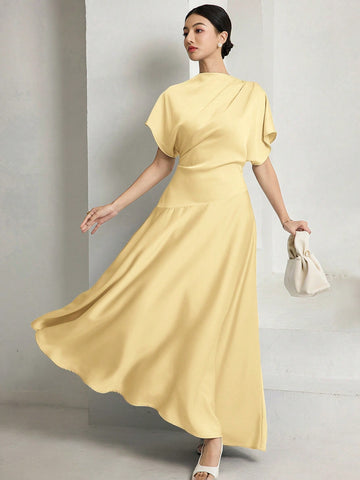 Women Elegant Solid Batwing Sleeve Maxi Dress