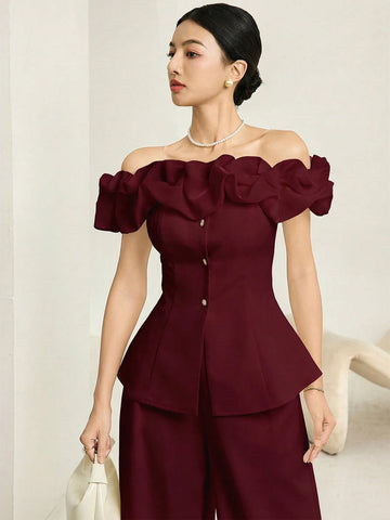 Fashionable & Elegant Asymmetric-Shoulder Top & Pants