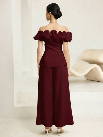Fashionable & Elegant Asymmetric-Shoulder Top & Pants
