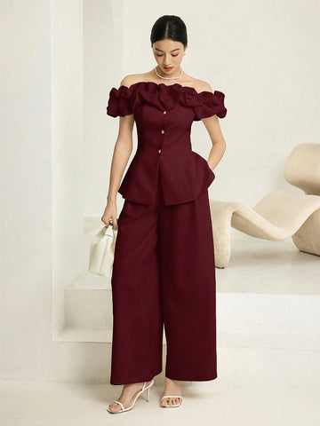 Fashionable & Elegant Asymmetric-Shoulder Top & Pants