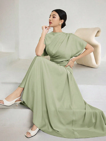 Women Elegant Solid Batwing Sleeve Maxi Dress