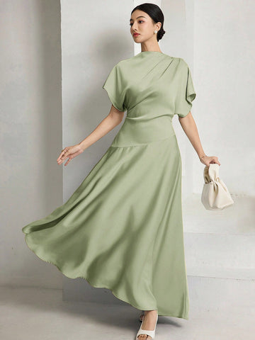 Women Elegant Solid Batwing Sleeve Maxi Dress