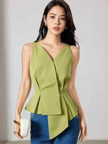 Women's V-Neck Solid Color Sleeveless Shirt With Asymmetric Hem