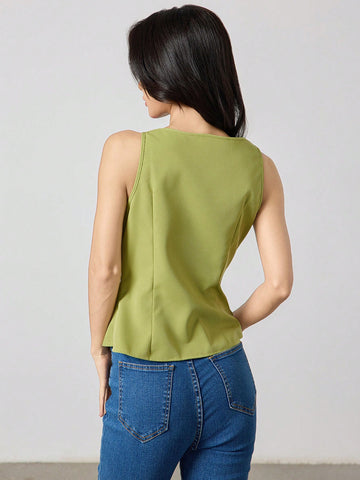 Women's V-Neck Solid Color Sleeveless Shirt With Asymmetric Hem
