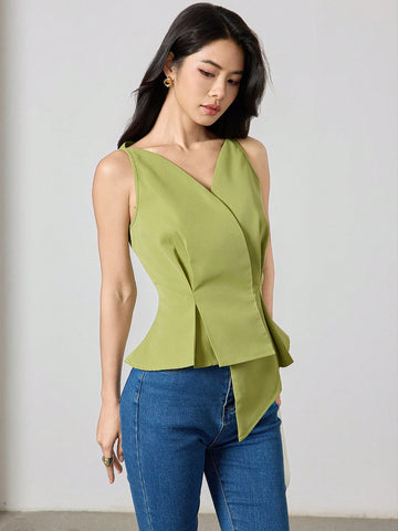 Women's V-Neck Solid Color Sleeveless Shirt With Asymmetric Hem