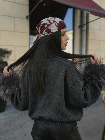 Women's Fashion Casual Red Front Furry Cuffs Metal Button Round Neck Cardigan