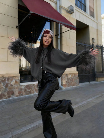 Women's Fashion Casual Red Front Furry Cuffs Metal Button Round Neck Cardigan