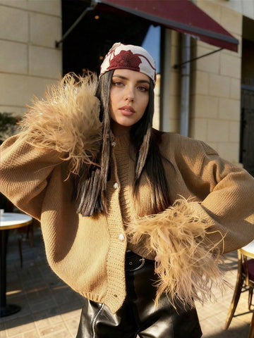 Women's Fashion Casual Red Front Furry Cuffs Metal Button Round Neck Cardigan