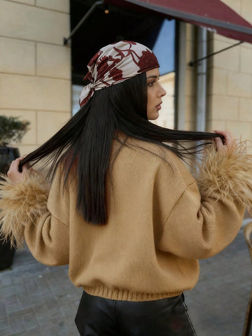 Women's Fashion Casual Red Front Furry Cuffs Metal Button Round Neck Cardigan