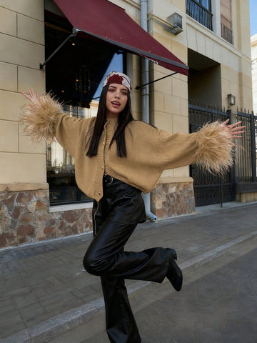 Women's Fashion Casual Red Front Furry Cuffs Metal Button Round Neck Cardigan