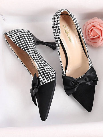 Houndstooth Pattern Bow Decor Court Pumps