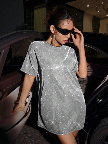 ICON Silver Drop Shoulder Glitter Concert Outfits Tee Dress