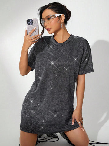 ICON Silver Drop Shoulder Glitter Concert Outfits Tee Dress