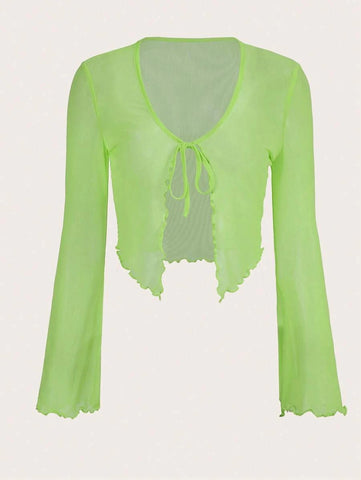 ICON Solid Lettuce Trim Tie Front Mesh Top