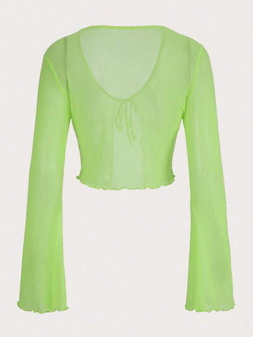 ICON Solid Lettuce Trim Tie Front Mesh Top