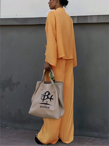 2pcs Women Casual Solid Color Long Sleeve Top And Long Pants Set