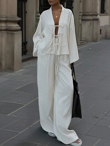 2pcs Women Casual Solid Color Long Sleeve Top And Long Pants Set