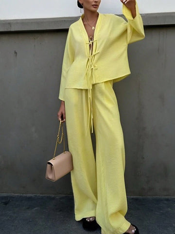 2pcs Women Casual Solid Color Long Sleeve Top And Long Pants Set