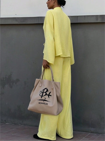 2pcs Women Casual Solid Color Long Sleeve Top And Long Pants Set