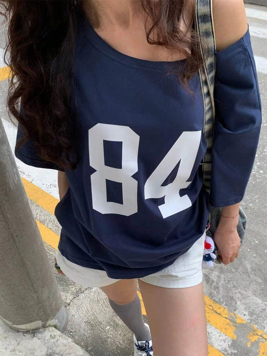 INAWLY Asymmetric Neckline Digital Print Summer Casual T-Shirt Graphic Tees
