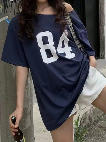 INAWLY Asymmetric Neckline Digital Print Summer Casual T-Shirt Graphic Tees