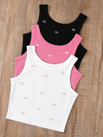 INAWLY Bow Embroidery Pattern Women Round Neck Tank Top Graphic Tees