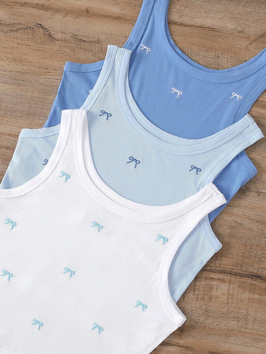 INAWLY Bow Embroidery Pattern Women Round Neck Tank Top Graphic Tees