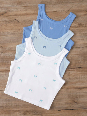 INAWLY Bow Embroidery Pattern Women Round Neck Tank Top Graphic Tees