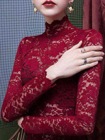 Women's Stand Collar Long Sleeve Fringed Casual Sheer Blouse