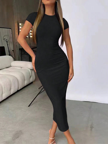 INAWLY Solva Solid Color Round Neck Bodycon Fashion Dress