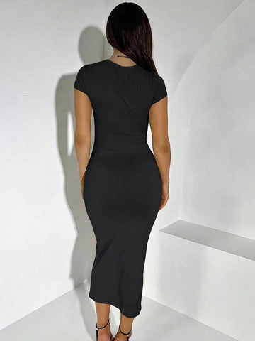 INAWLY Solva Solid Color Round Neck Bodycon Fashion Dress