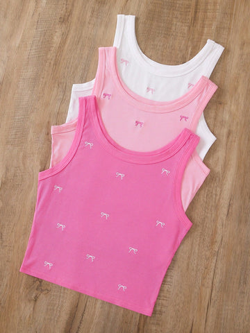 INAWLY Bow Embroidery Pattern Women Round Neck Tank Top Graphic Tees