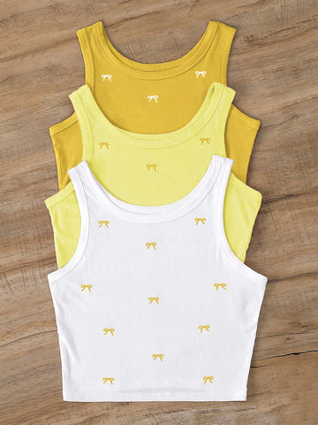 INAWLY Bow Embroidery Pattern Women Round Neck Tank Top Graphic Tees