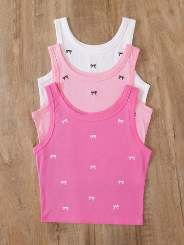 INAWLY Bow Embroidery Pattern Women Round Neck Tank Top Graphic Tees
