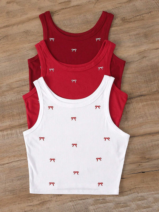 INAWLY Bow Embroidery Pattern Women Round Neck Tank Top Graphic Tees