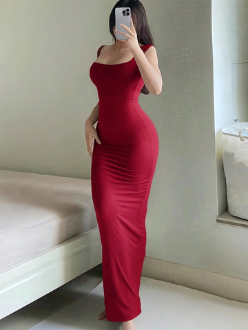 INAWLY Solva Solid Color Round Neck Bodycon Fashion Dress