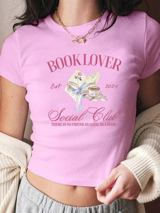 Women Summer Book Printed Round Neck Short Sleeve Casual T-Shirt With Slogan BOOK LOVER
