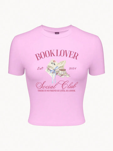 Women Summer Book Printed Round Neck Short Sleeve Casual T-Shirt With Slogan BOOK LOVER