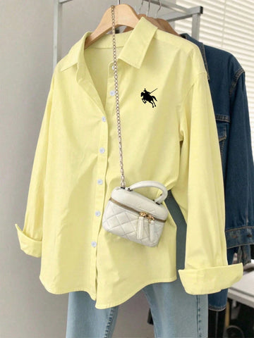 Minimalist Embroidered Decor Long Sleeve Loose Blouse
