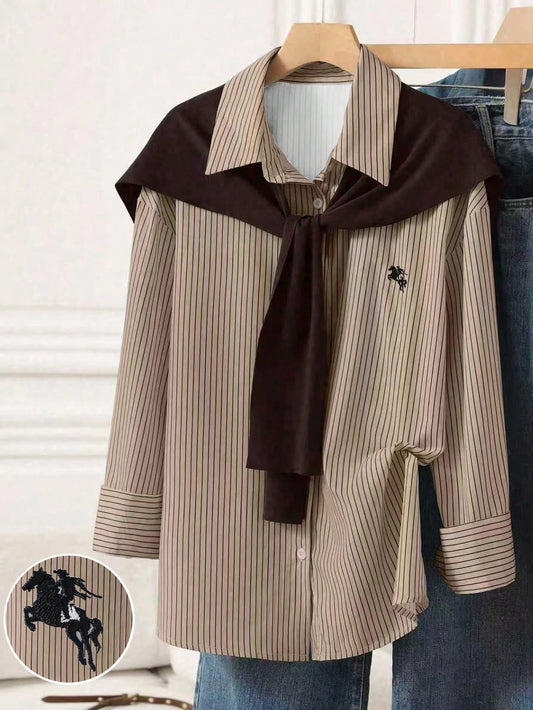 Solid Color Shawl 2 In 1 Regular Long Sleeve Shirt