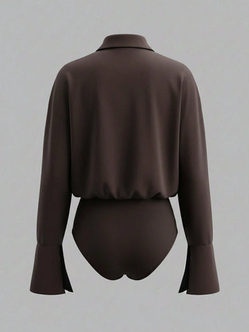 Versatile Striped Print Drop Shoulder Loose Patchwork Pocket Bodysuit