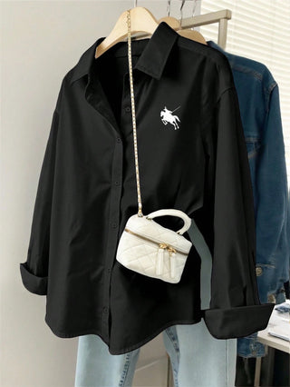 Minimalist Embroidered Decor Long Sleeve Loose Blouse
