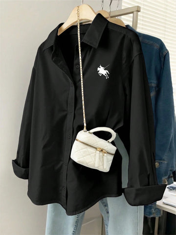 Minimalist Embroidered Decor Long Sleeve Loose Blouse