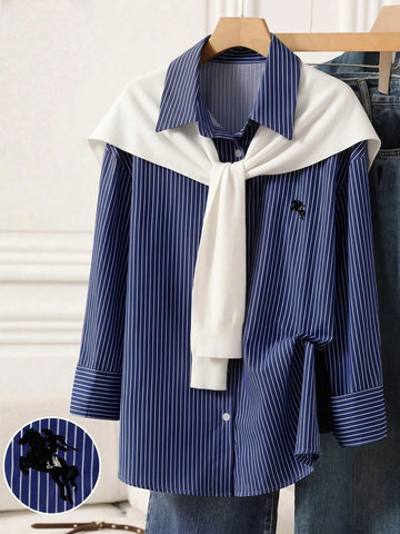 Solid Color Shawl 2 In 1 Regular Long Sleeve Shirt