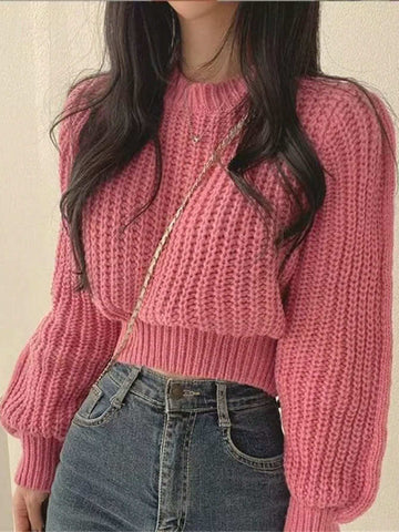 Women's Casual Solid Color Lantern Sleeve Cropped Sweater